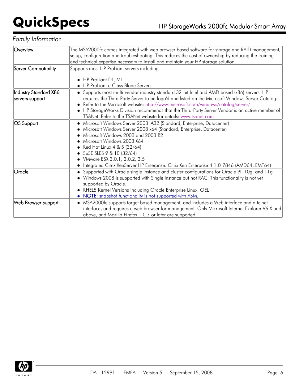 Quickspecs, Hp storageworks 2000fc modular smart array | HP 2000fc User Manual | Page 6 / 23