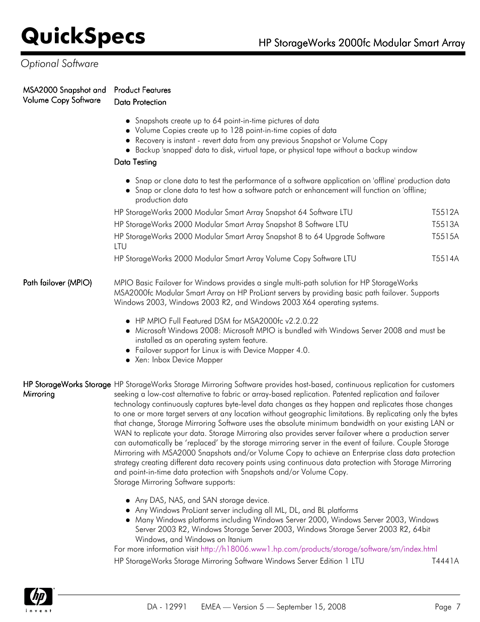 Optional software, Quickspecs, Hp storageworks 2000fc modular smart array | HP 2000fc User Manual | Page 7 / 23