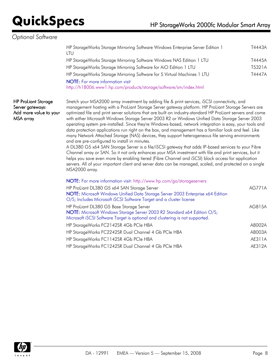 Quickspecs, Hp storageworks 2000fc modular smart array | HP 2000fc User Manual | Page 8 / 23