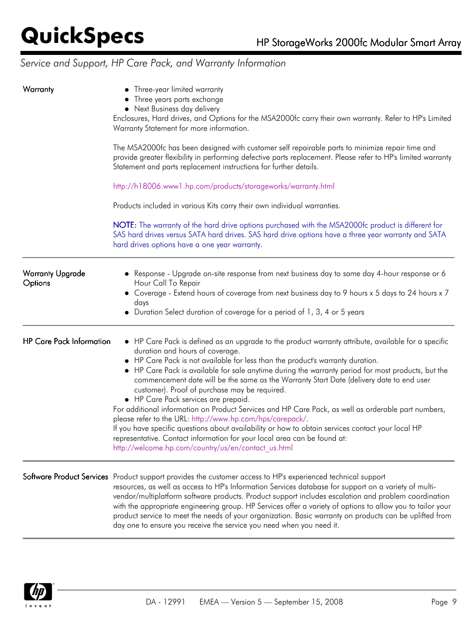 Quickspecs, Hp storageworks 2000fc modular smart array | HP 2000fc User Manual | Page 9 / 23