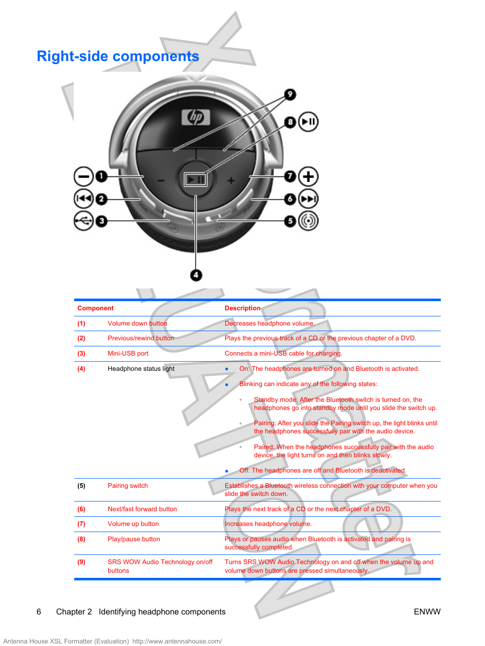 Right-side components | HP Bluetooth Active Noise Cancellation Stereo Headphones User Manual | Page 10 / 27