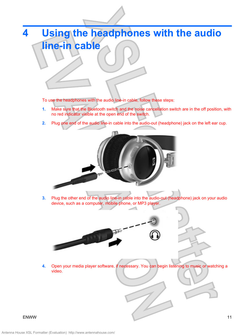 Using the headphones with the audio line-in cable, 4using the headphones with the audio line-in cable | HP Bluetooth Active Noise Cancellation Stereo Headphones User Manual | Page 15 / 27
