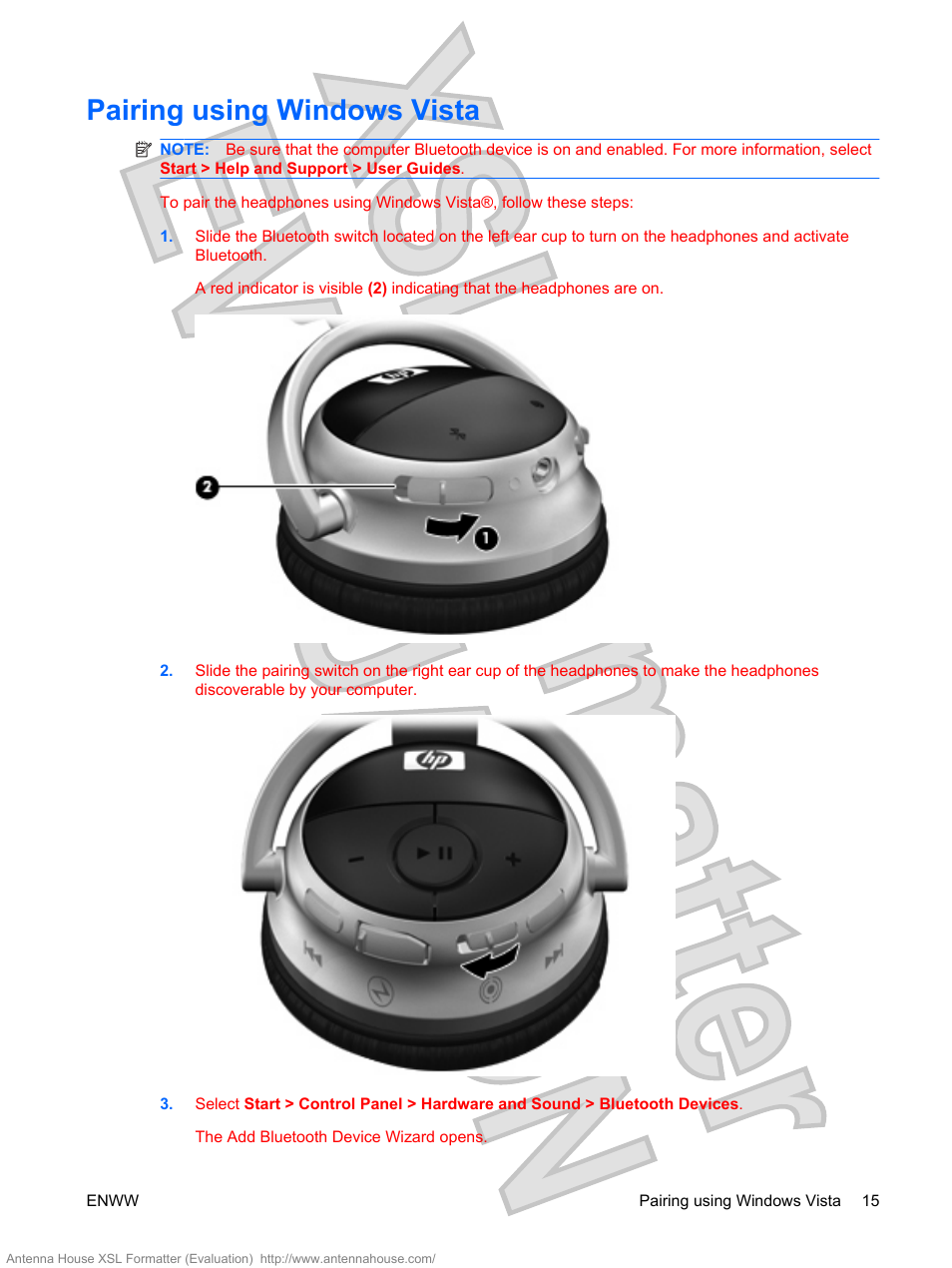 Pairing using windows vista | HP Bluetooth Active Noise Cancellation Stereo Headphones User Manual | Page 19 / 27