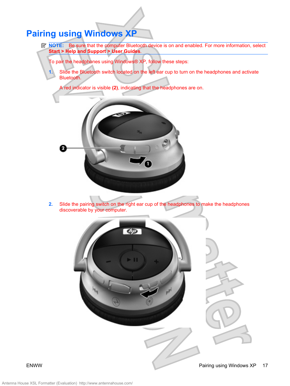 Pairing using windows xp | HP Bluetooth Active Noise Cancellation Stereo Headphones User Manual | Page 21 / 27