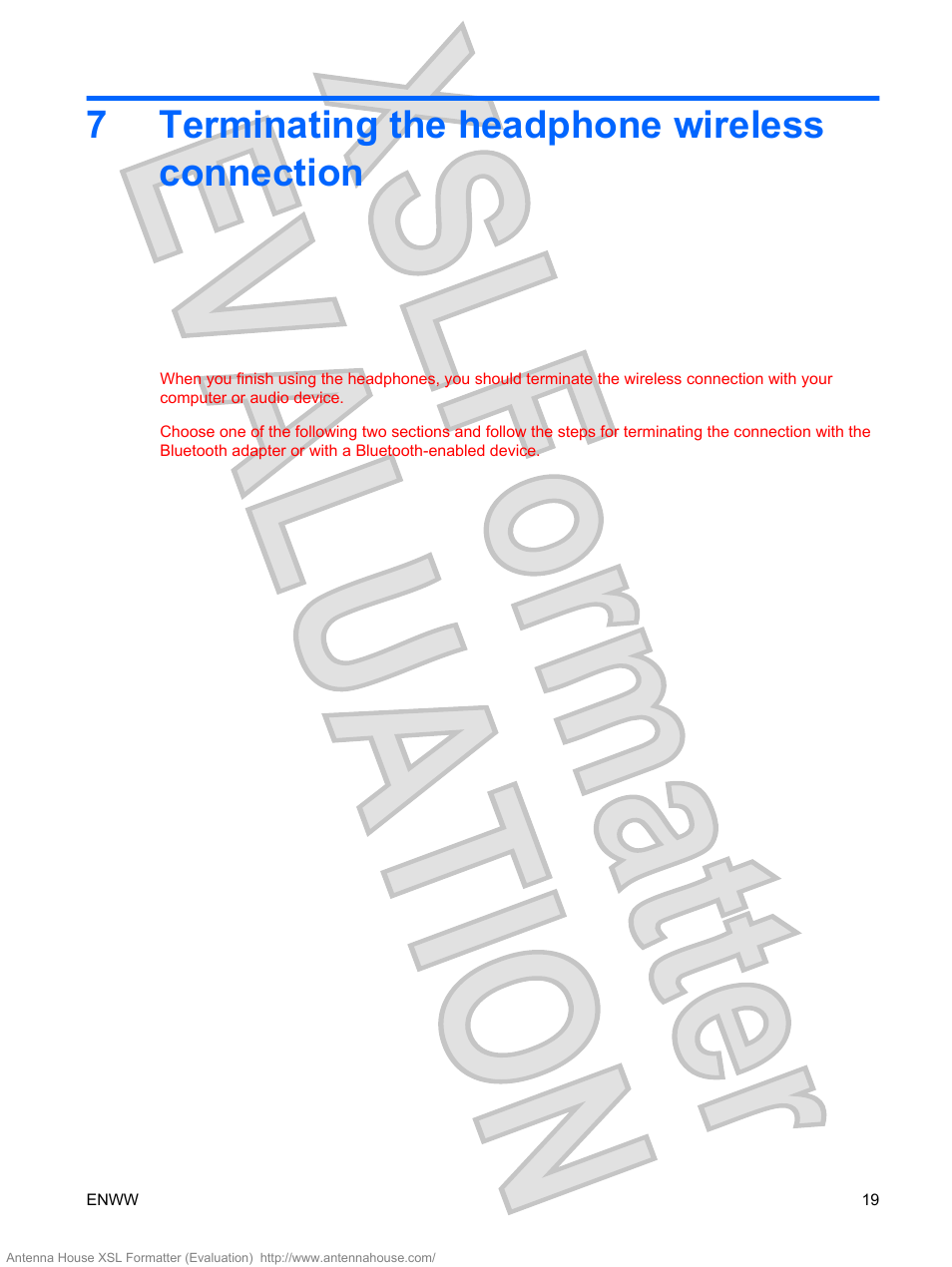 Terminating the headphone wireless connection, 7 terminating the headphone wireless connection, 7terminating the headphone wireless connection | HP Bluetooth Active Noise Cancellation Stereo Headphones User Manual | Page 23 / 27