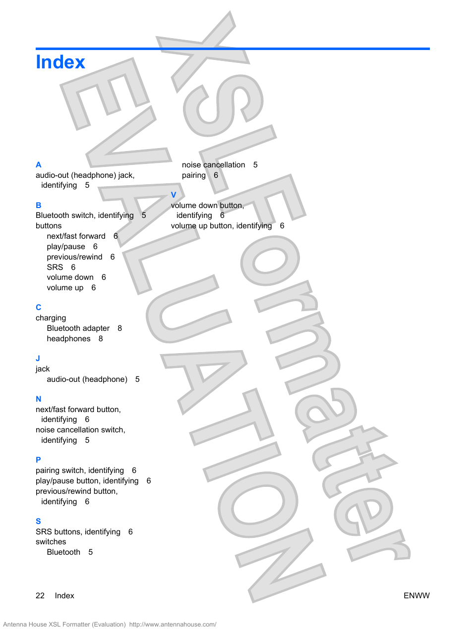 Index | HP Bluetooth Active Noise Cancellation Stereo Headphones User Manual | Page 26 / 27