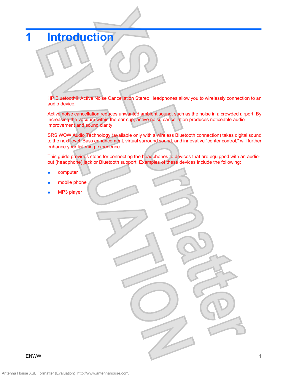 Introduction, 1 introduction, 1introduction | HP Bluetooth Active Noise Cancellation Stereo Headphones User Manual | Page 5 / 27