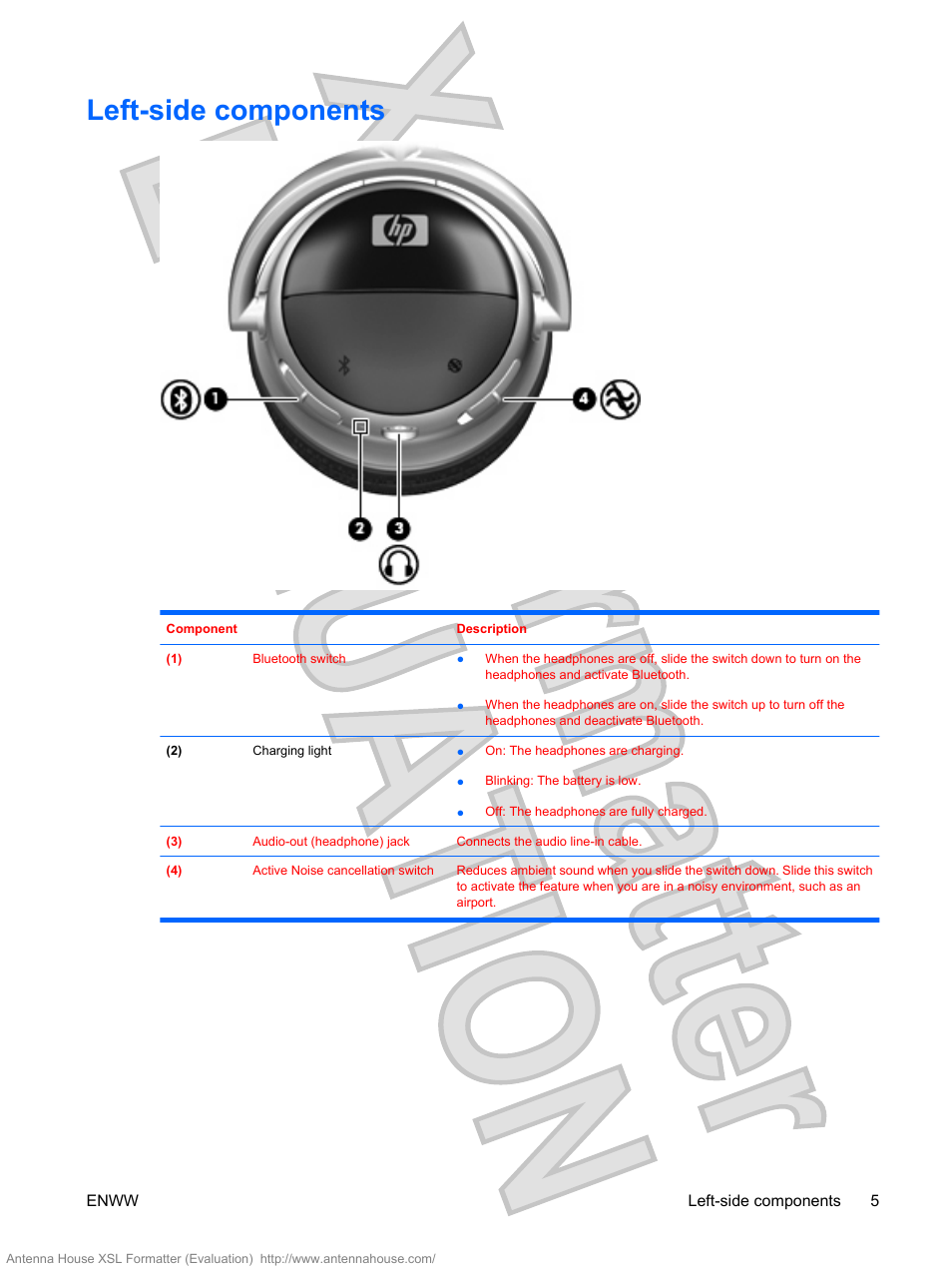 Left-side components | HP Bluetooth Active Noise Cancellation Stereo Headphones User Manual | Page 9 / 27