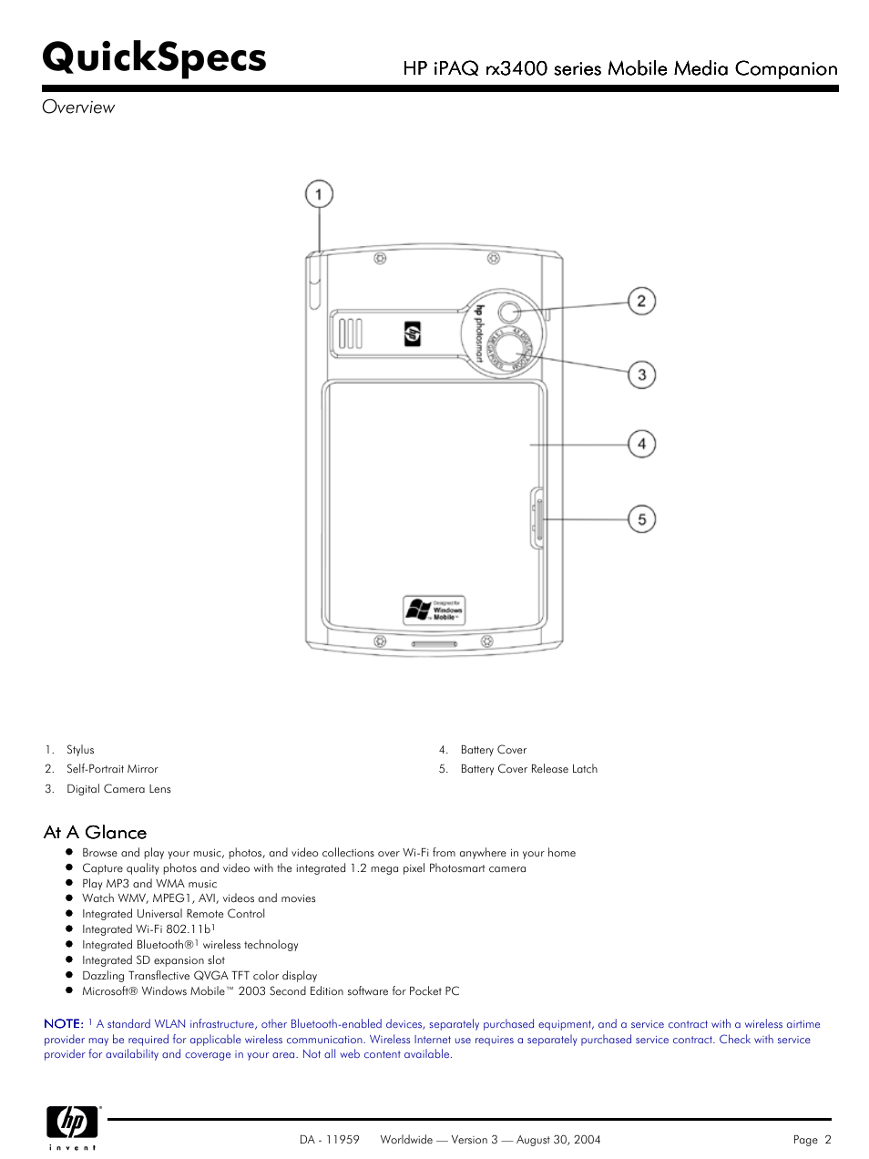 Quickspecs, Hp ipaq rx3400 series mobile media companion, At a glance | HP RX3400 User Manual | Page 2 / 10