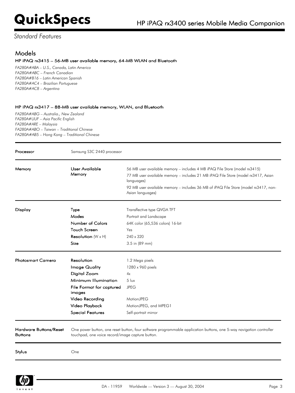 Standard features, Quickspecs, Hp ipaq rx3400 series mobile media companion | Models | HP RX3400 User Manual | Page 3 / 10