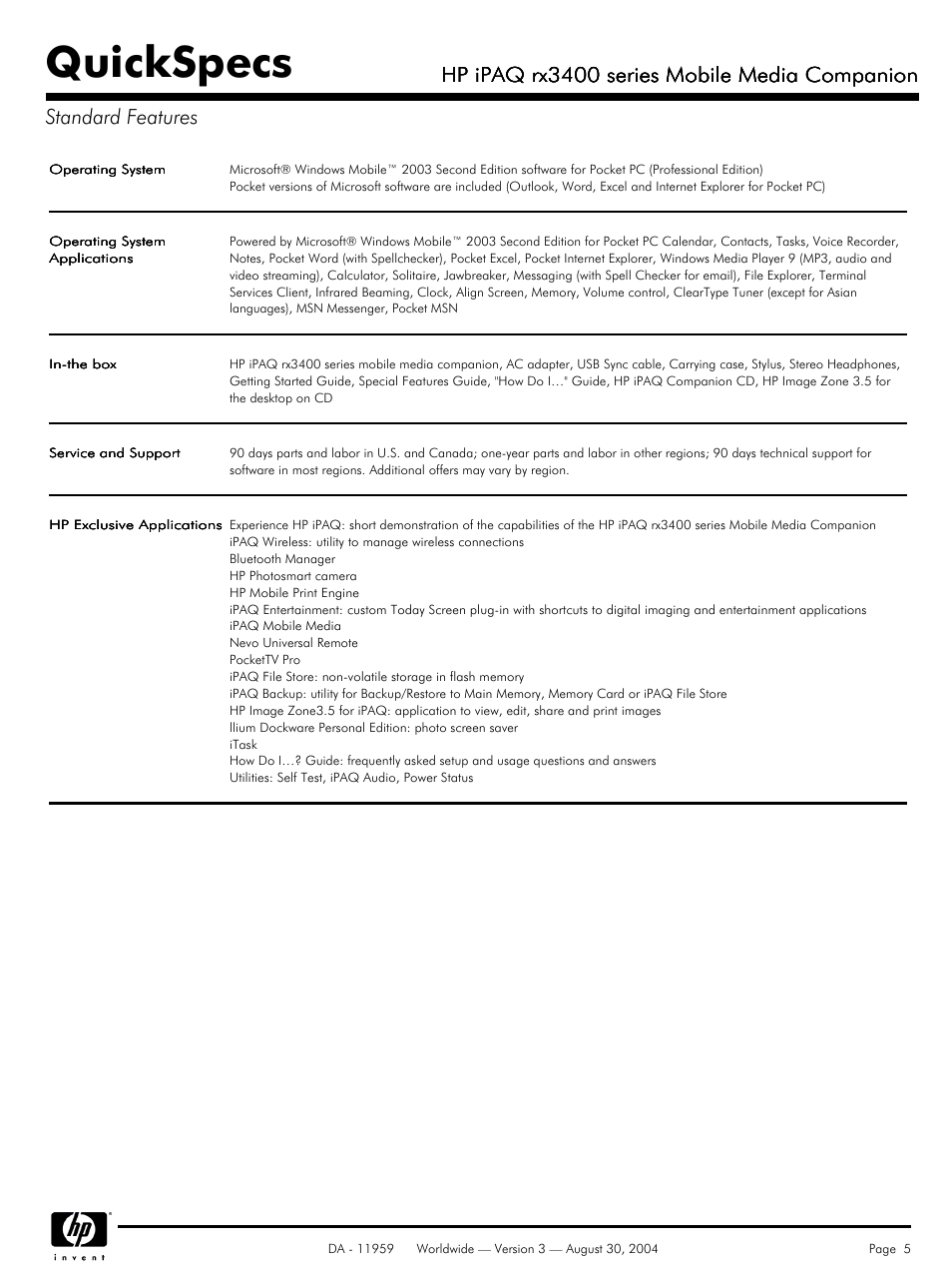 Quickspecs, Hp ipaq rx3400 series mobile media companion | HP RX3400 User Manual | Page 5 / 10