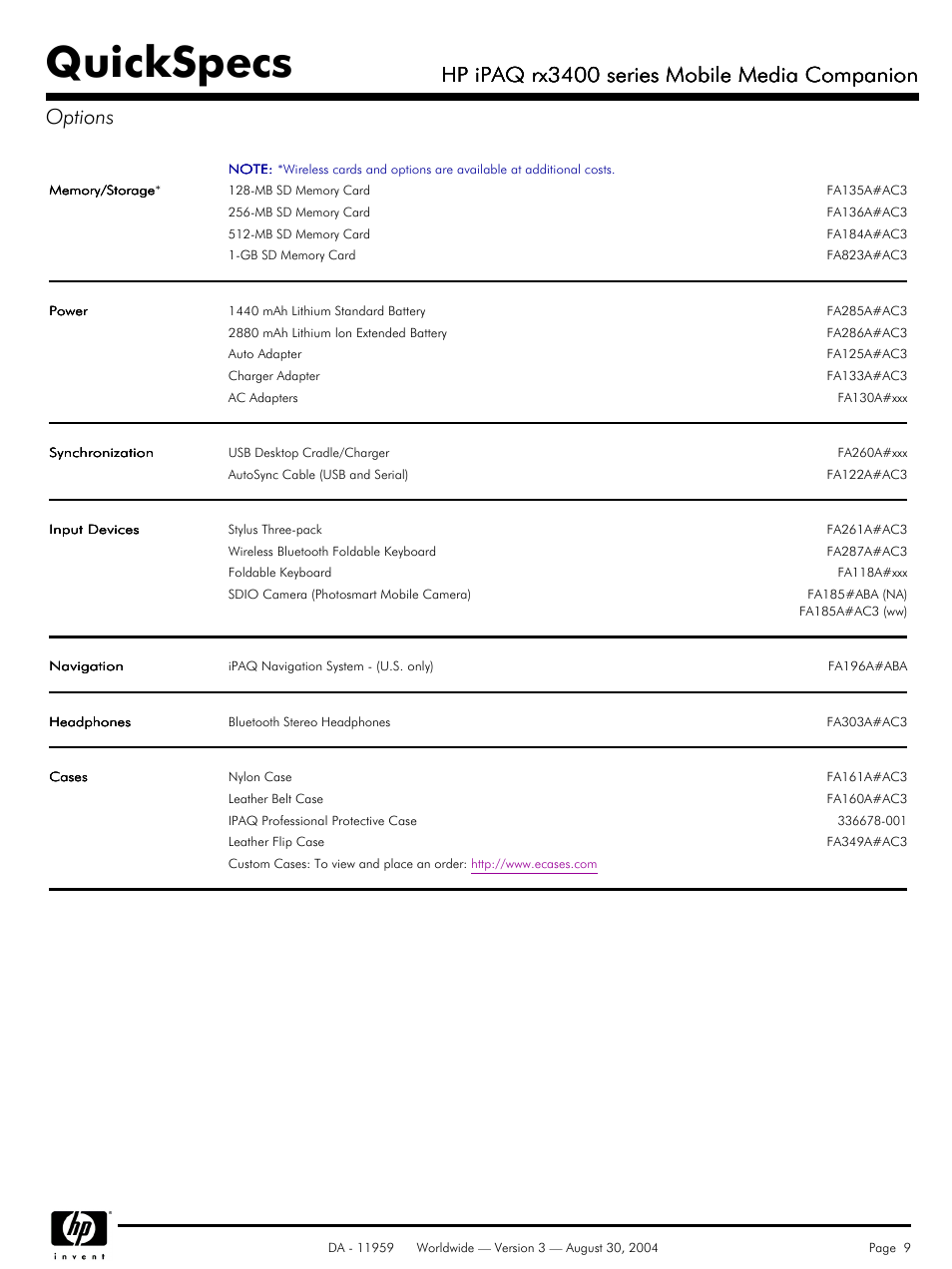 Options, Quickspecs, Hp ipaq rx3400 series mobile media companion | HP RX3400 User Manual | Page 9 / 10