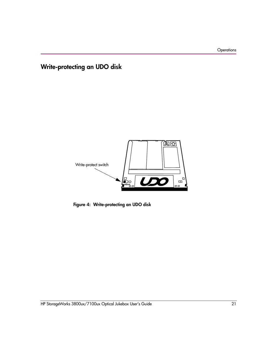 Write-protecting an udo disk, Figure 4: write-protecting an udo disk | HP StorageWorks 7100ux User Manual | Page 21 / 82
