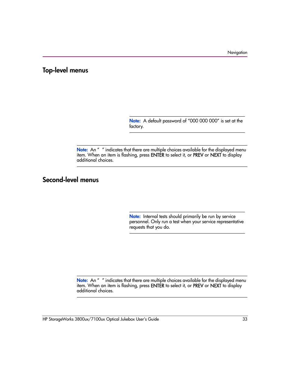 Top-level menus, Second-level menus, Top-level menus second-level menus | HP StorageWorks 7100ux User Manual | Page 33 / 82