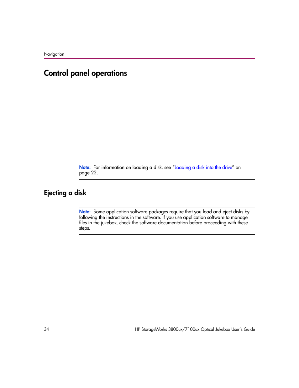 Control panel operations, Ejecting a disk | HP StorageWorks 7100ux User Manual | Page 34 / 82
