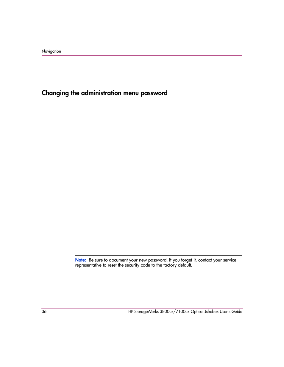 Changing the administration menu password, Changing the administration, Menu password | HP StorageWorks 7100ux User Manual | Page 36 / 82