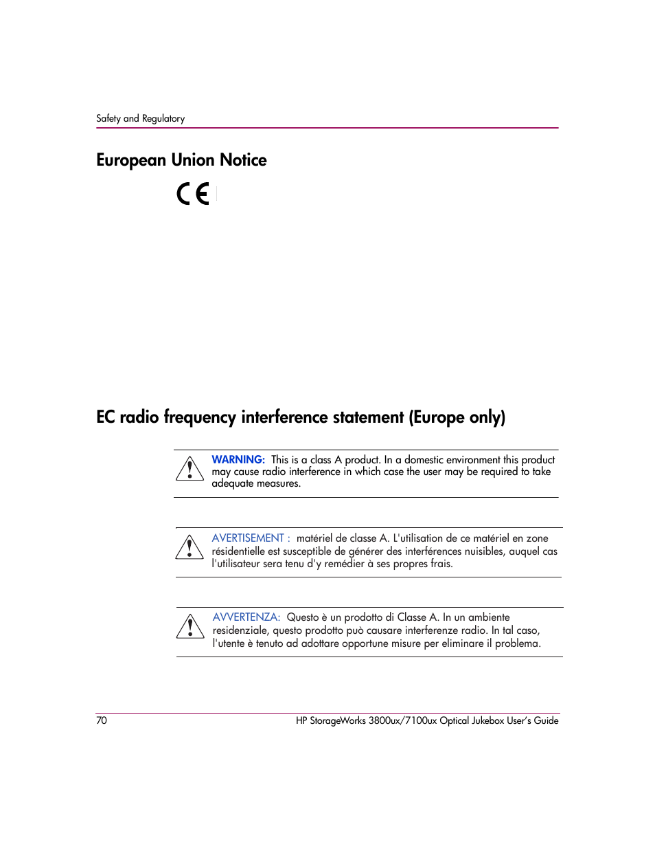 European union notice | HP StorageWorks 7100ux User Manual | Page 70 / 82