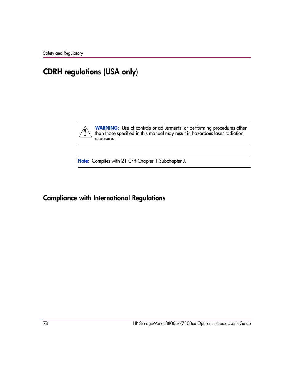 Cdrh regulations (usa only), Compliance with international regulations | HP StorageWorks 7100ux User Manual | Page 78 / 82