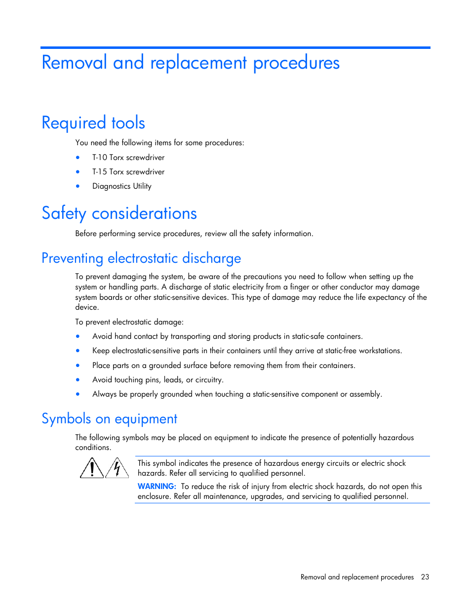 Removal and replacement procedures, Required tools, Safety considerations | Preventing electrostatic discharge, Symbols on equipment | HP DL365 User Manual | Page 23 / 85