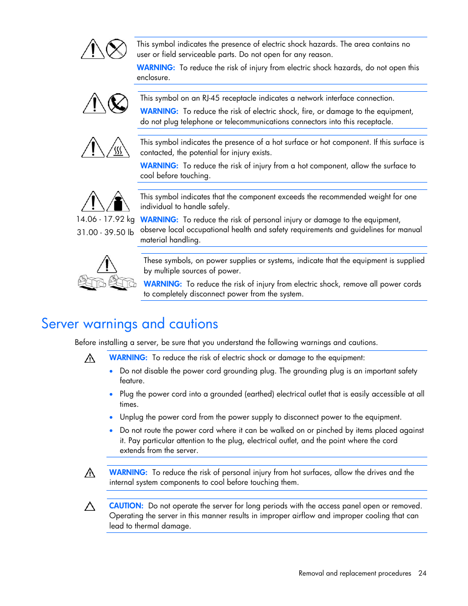 Server warnings and cautions | HP DL365 User Manual | Page 24 / 85