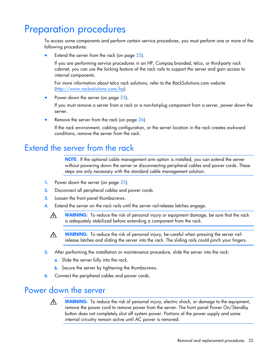 Preparation procedures, Extend the server from the rack, Power down the server | HP DL365 User Manual | Page 25 / 85