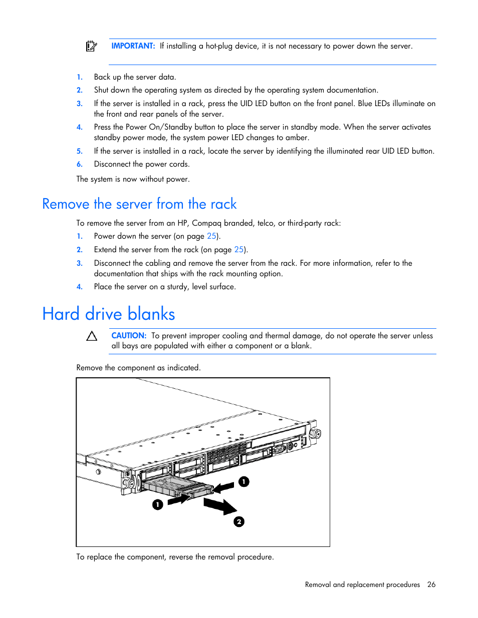 Remove the server from the rack, Hard drive blanks | HP DL365 User Manual | Page 26 / 85
