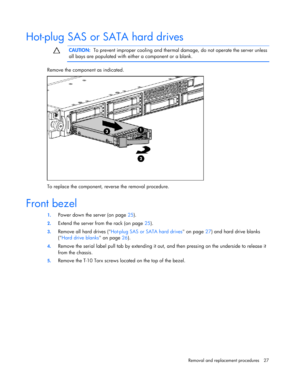 Hot-plug sas or sata hard drives, Front bezel | HP DL365 User Manual | Page 27 / 85