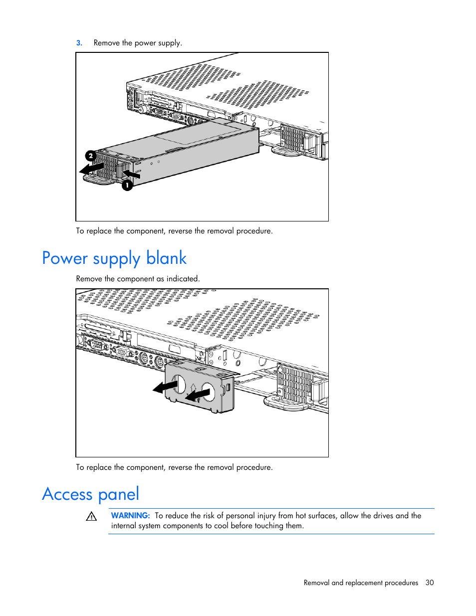 Power supply blank, Access panel | HP DL365 User Manual | Page 30 / 85