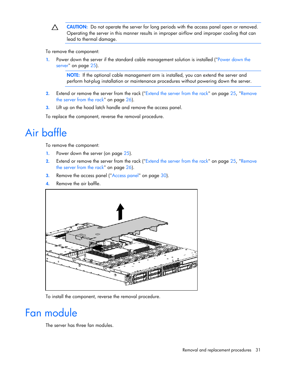 Air baffle, Fan module | HP DL365 User Manual | Page 31 / 85
