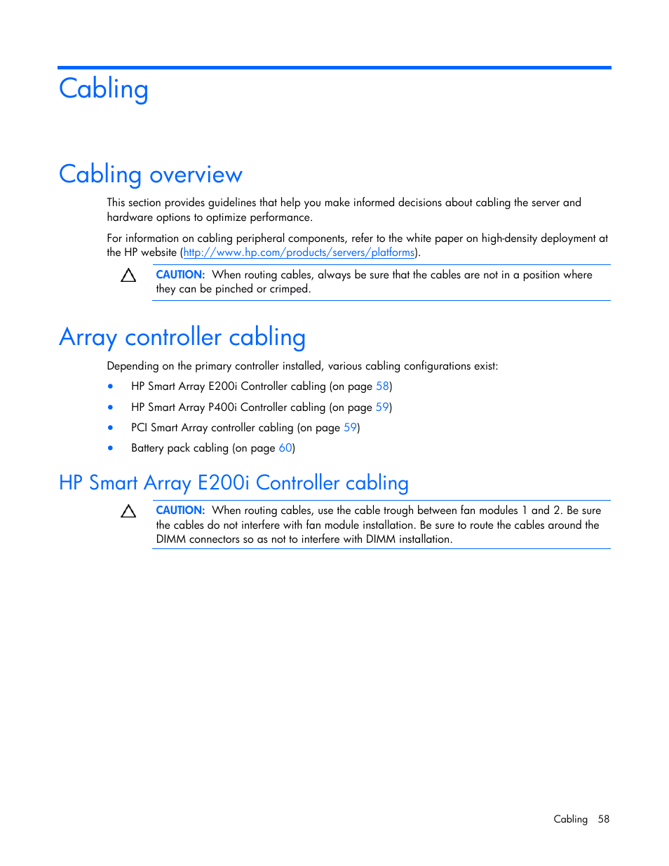 Cabling, Cabling overview, Array controller cabling | Hp smart array e200i controller cabling, Abling | HP DL365 User Manual | Page 58 / 85