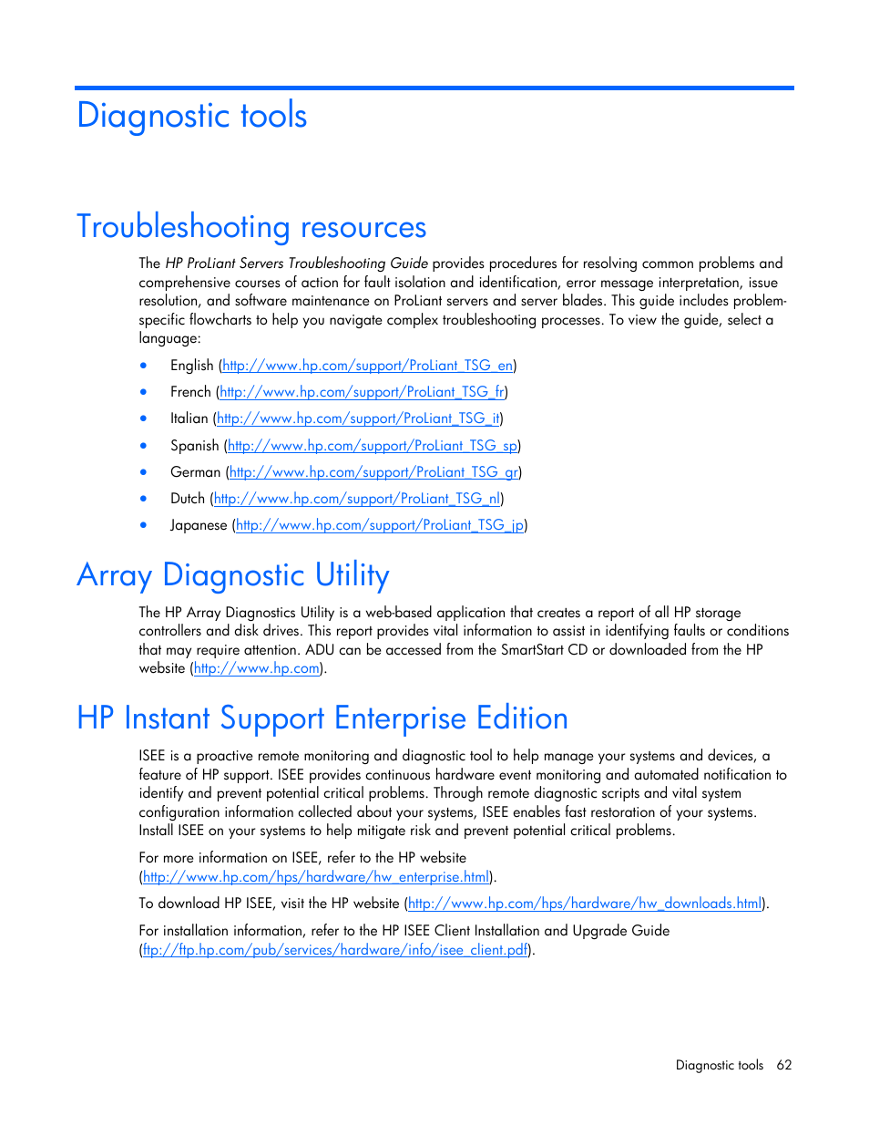 Diagnostic tools, Troubleshooting resources, Array diagnostic utility | Hp instant support enterprise edition | HP DL365 User Manual | Page 62 / 85
