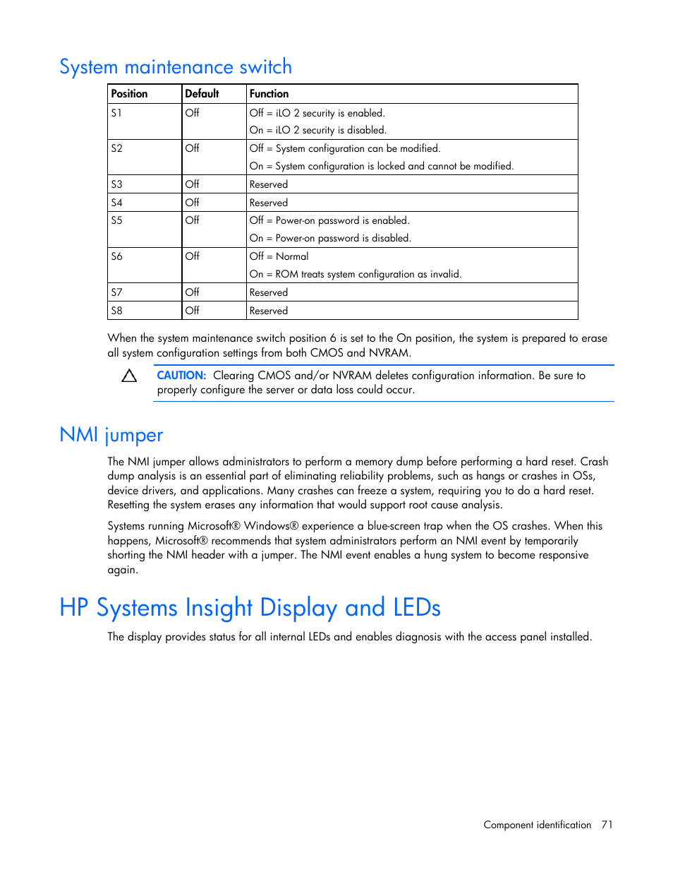 System maintenance switch, Nmi jumper, Hp systems insight display and leds | HP DL365 User Manual | Page 71 / 85