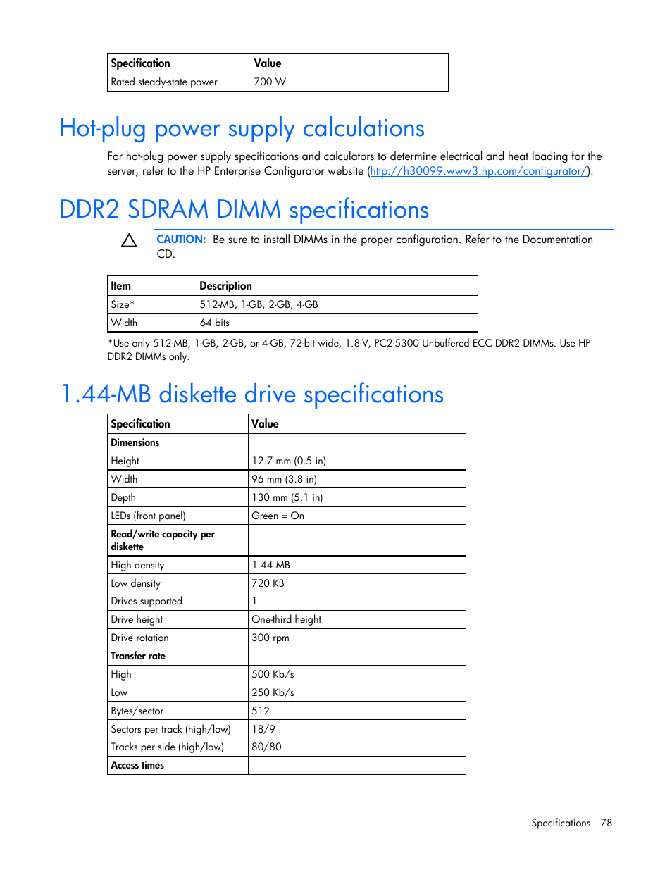 Hot-plug power supply calculations, Ddr2 sdram dimm specifications, Mb diskette drive specifications | HP DL365 User Manual | Page 78 / 85