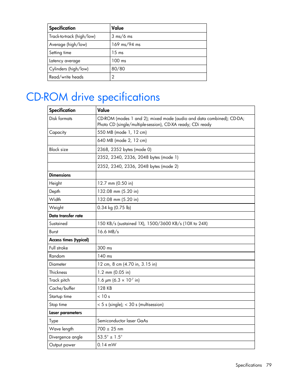 Cd-rom drive specifications | HP DL365 User Manual | Page 79 / 85