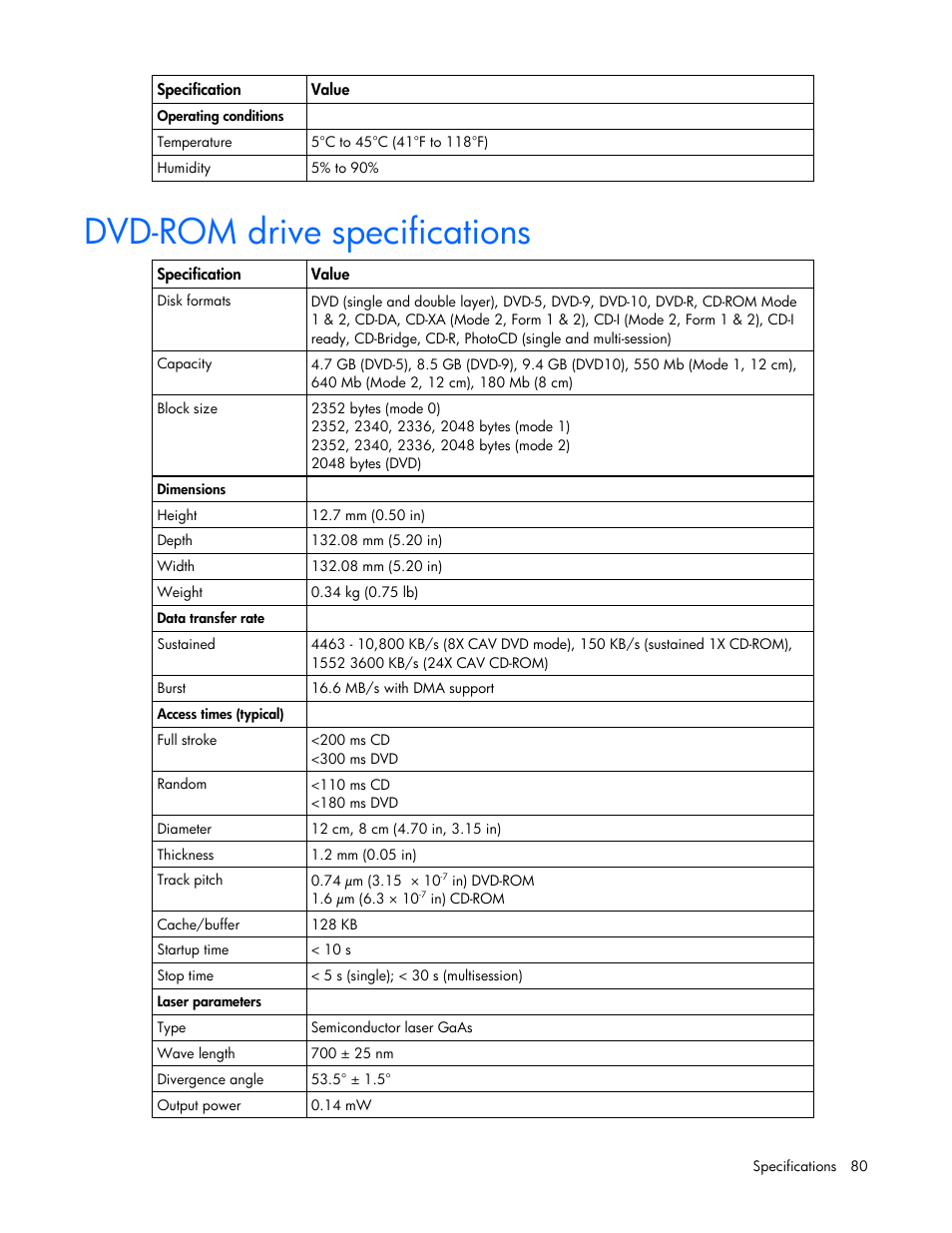 Dvd-rom drive specifications | HP DL365 User Manual | Page 80 / 85