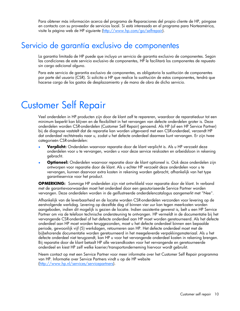 Customer self repair, Servicio de garantía exclusivo de componentes | HP 339820-002 User Manual | Page 10 / 78