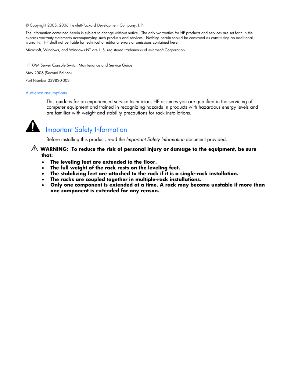 Notice, Important safety information | HP 339820-002 User Manual | Page 2 / 78