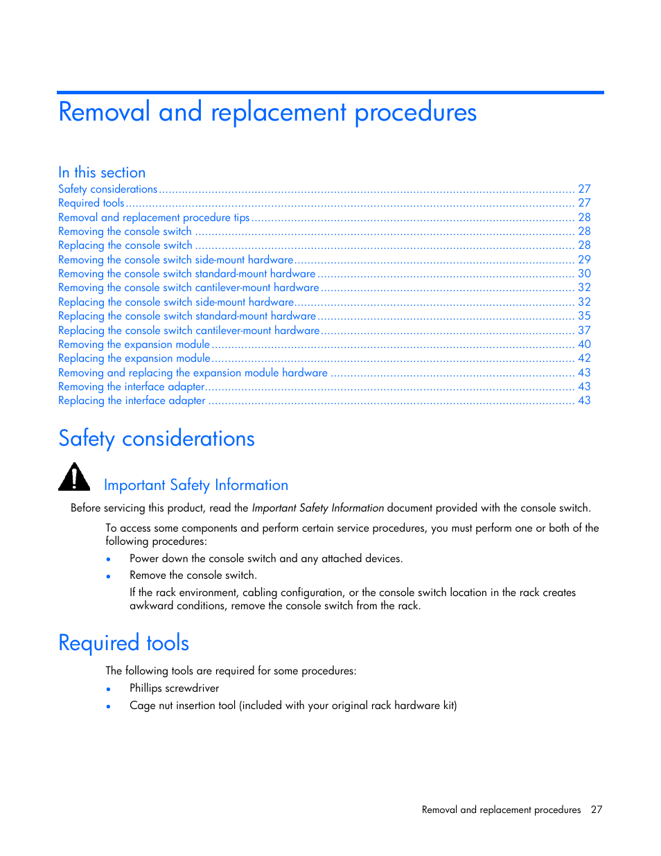 Removal and replacement procedures, Safety considerations, Required tools | Important safety information | HP 339820-002 User Manual | Page 27 / 78