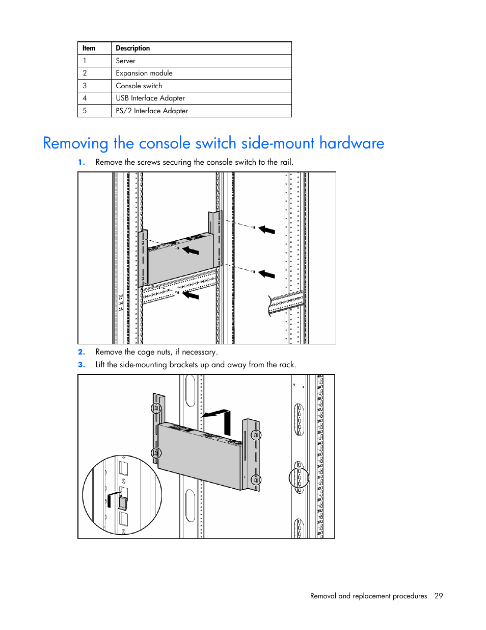 Removing the console switch side-mount hardware | HP 339820-002 User Manual | Page 29 / 78