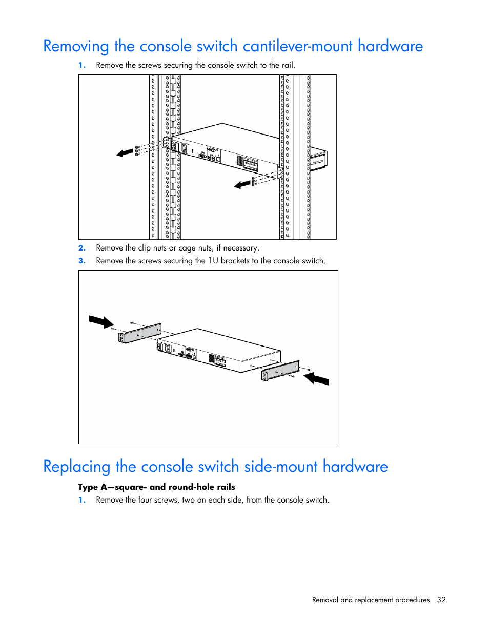 Replacing the console switch side-mount hardware | HP 339820-002 User Manual | Page 32 / 78