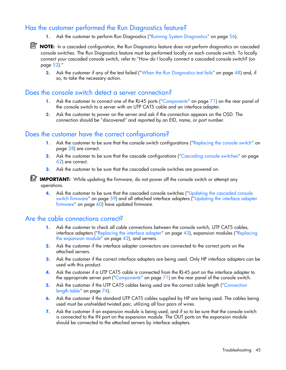 Does the console switch detect a server connection, Does the customer have the correct configurations, Are the cable connections correct | HP 339820-002 User Manual | Page 45 / 78