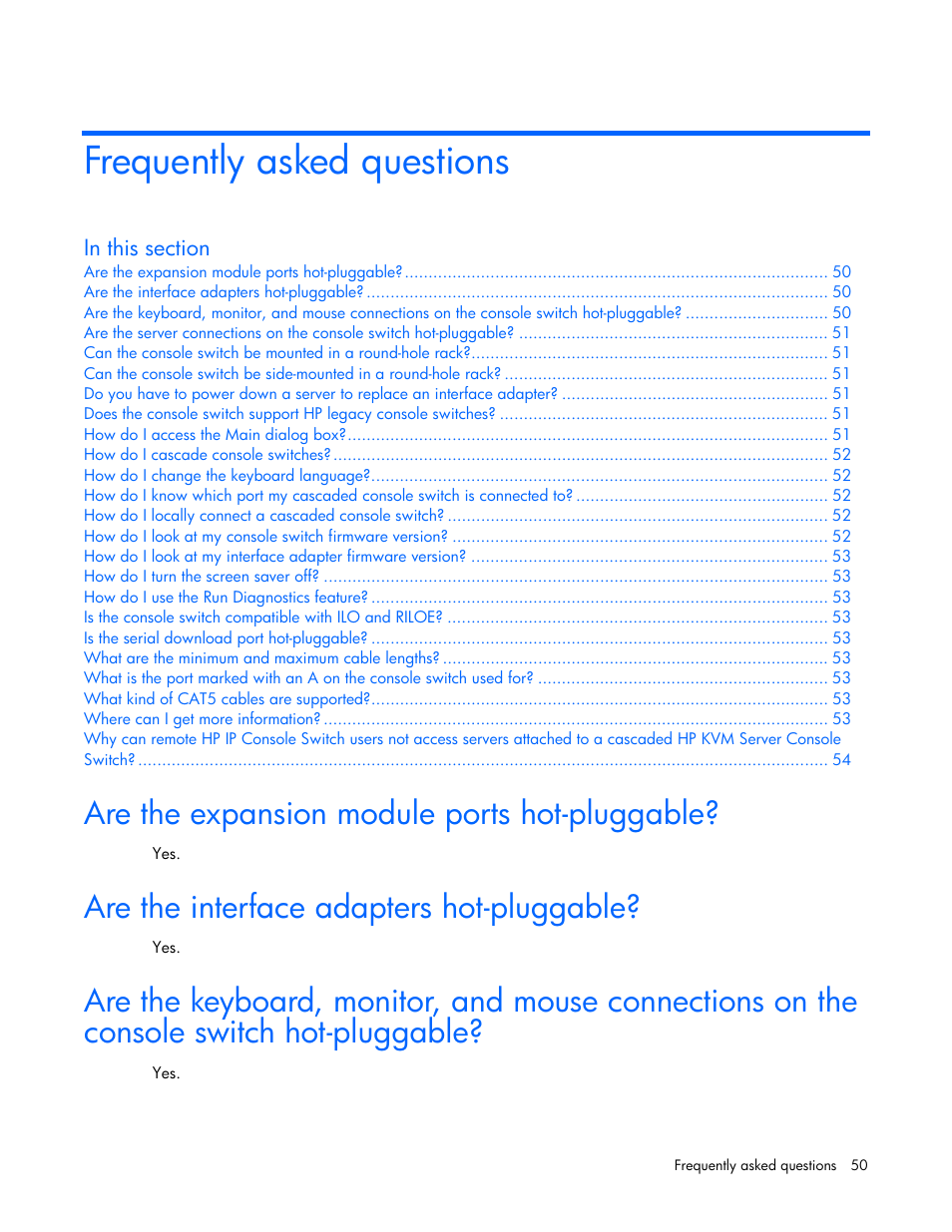 Frequently asked questions, Are the expansion module ports hot-pluggable, Are the interface adapters hot-pluggable | HP 339820-002 User Manual | Page 50 / 78