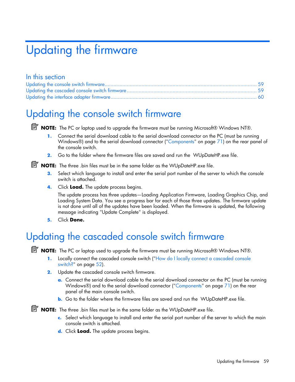 Updating the firmware, Updating the console switch firmware, Updating the cascaded console switch firmware | Update the console switch firmware, Updating the cascaded console switch, Firmware, Updating the cascaded console, Switch firmware, And all attached interfa | HP 339820-002 User Manual | Page 59 / 78