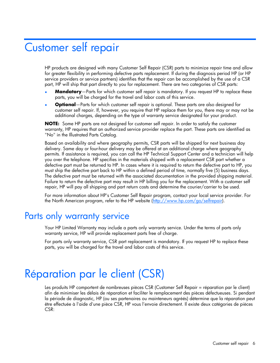 Customer self repair, Parts only warranty service, Réparation par le client (csr) | HP 339820-002 User Manual | Page 6 / 78