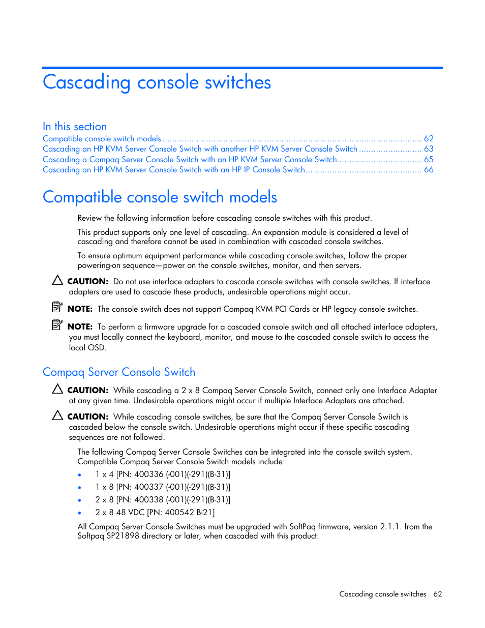 Cascading console switches, Compatible console switch models, Compaq server console switch | Are corr, Cascading, And theref | HP 339820-002 User Manual | Page 62 / 78