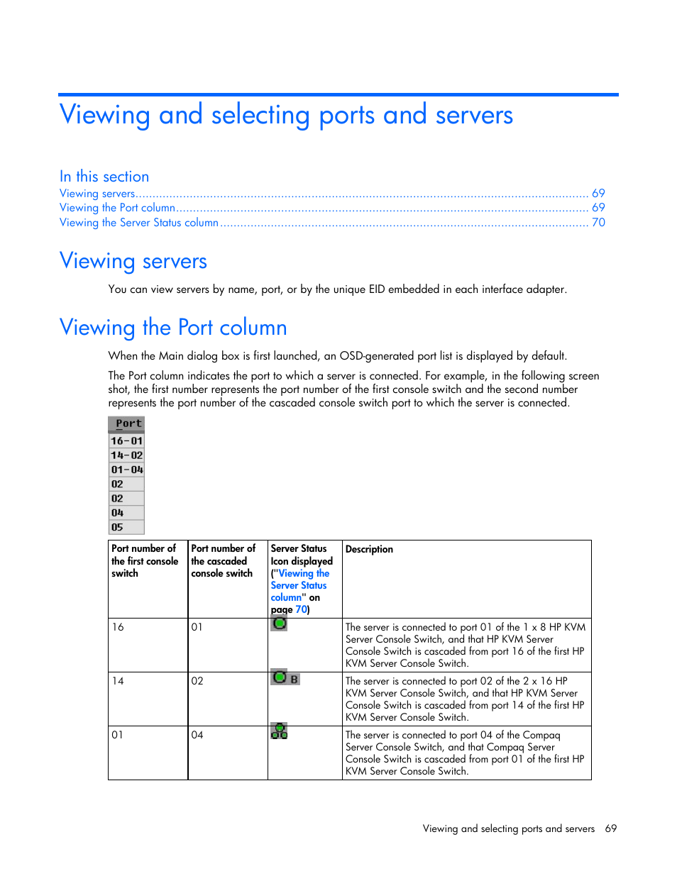 Viewing and selecting ports and servers, Viewing servers, Viewing the port column | HP 339820-002 User Manual | Page 69 / 78