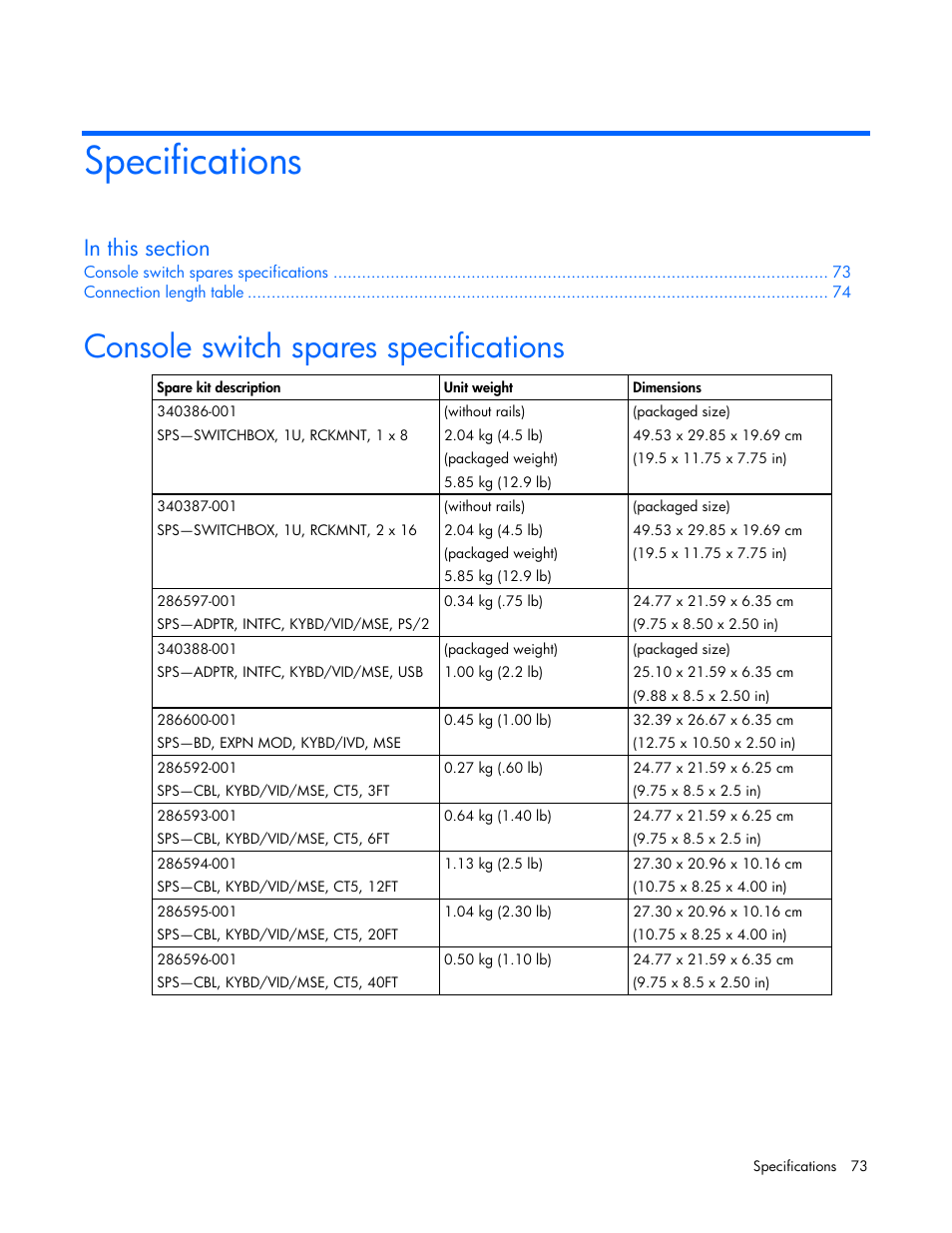 Specifications, Console switch spares specifications | HP 339820-002 User Manual | Page 73 / 78