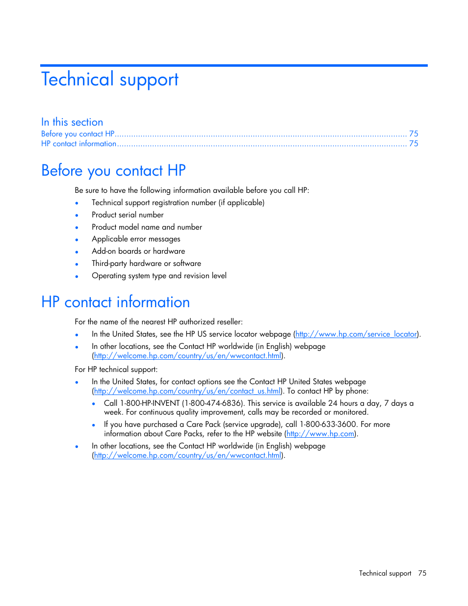 Technical support, Before you contact hp, Hp contact information | HP 339820-002 User Manual | Page 75 / 78