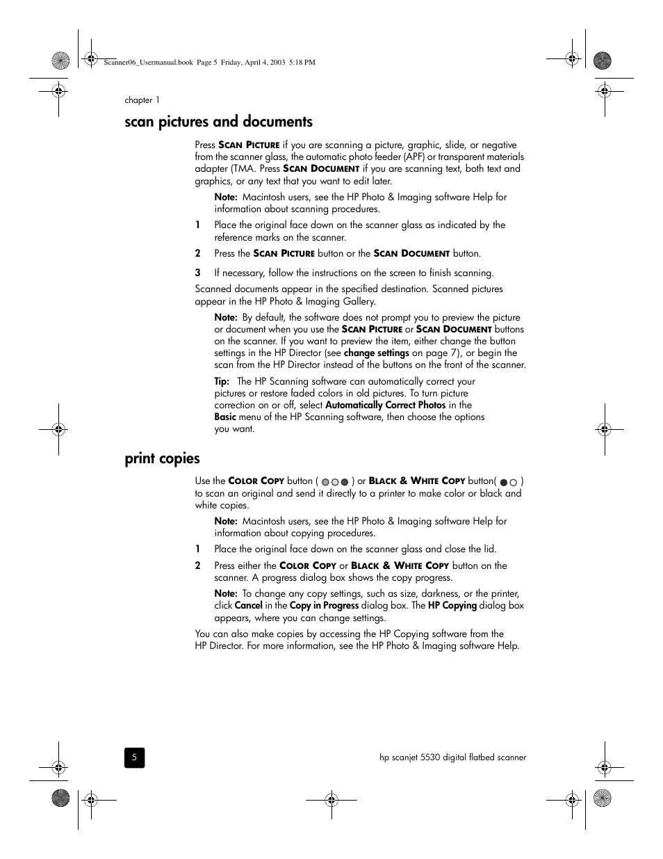 Scan pictures and documents, Print copies | HP 5530 User Manual | Page 10 / 38