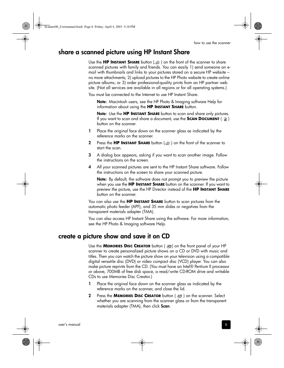 Share a scanned picture using hp instant share, Create a picture show and save it on cd | HP 5530 User Manual | Page 11 / 38